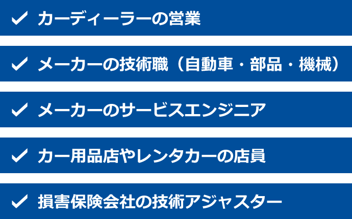 整備士の経験を生かす職種（資格不要）は【カーディーラーの営業】【メーカーの技術職（自動車・部品・機械）】【メーカーのサービスエンジニア】【カー用品店やレンタカーの店員】【損害保険会社の技術アジャスター】。