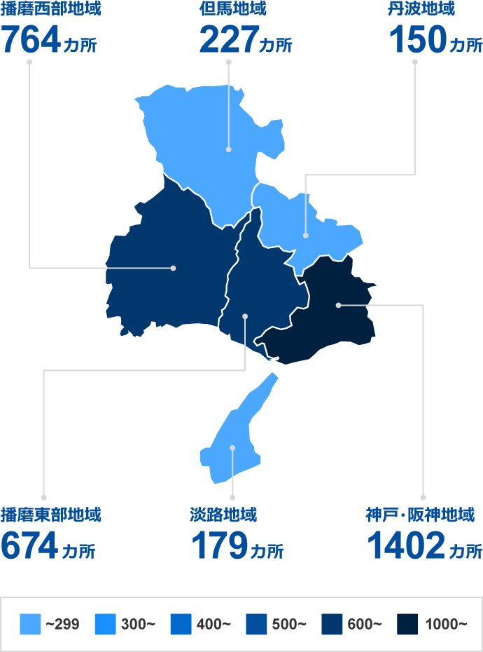 神戸・阪神地域 1402カ所｜丹波地域 150カ所｜播磨東部地域 674カ所｜播磨西部地域 764カ所｜但馬地域 227カ所｜淡路地域 179カ所