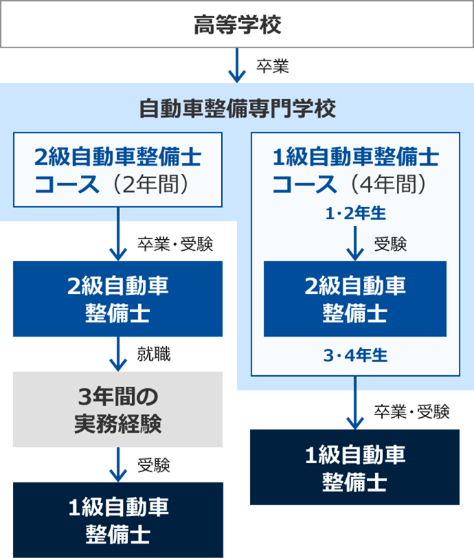 高校卒業後に自動車整備専門学校に通う場合の資格取得までのフロー図。【2級自動車整備士コース】2年制。卒業すると2級自動車整備士の受験資格を得られる。2級自動車整備士の資格を保有し3年間の実務経験を積むと1級自動車整備士の受験資格を得られる。1級自動車整備士資格取得まで最短で5年。【1級自動車整備士コース】4年制。2年の時点で2級自動車整備士の受験資格を得られる。卒業すると1級自動車整備士の受験資格を得られる。1級自動車整備士資格取得まで最短で4年。